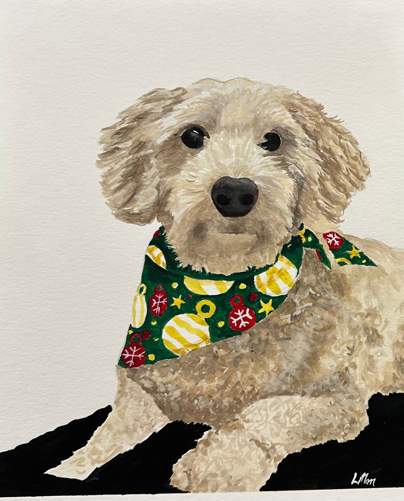dog sitting on a blanket portrait watercolor painting