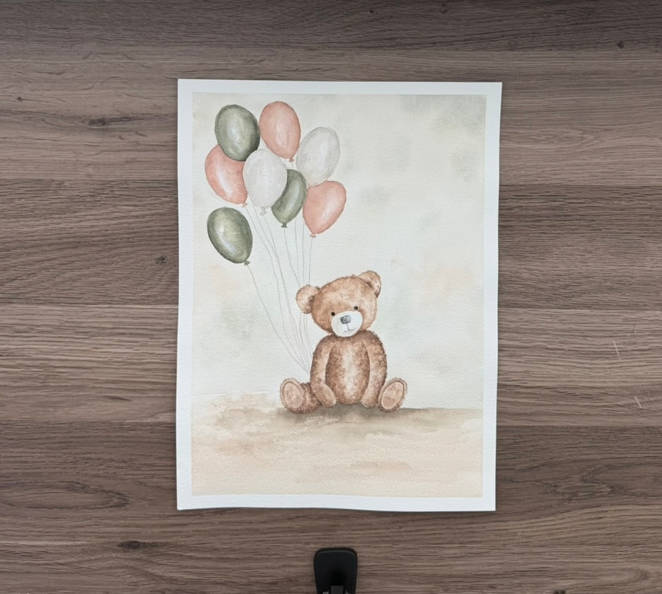 Teddy bear holding balloons watercolor painting